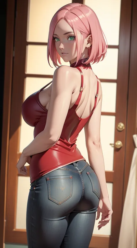 ，kirschblütenwald, (high detailed:1 1), rough face, natural skin, high quality, nsfw, curvy, big ass, naruto sakura，a pink-haire...