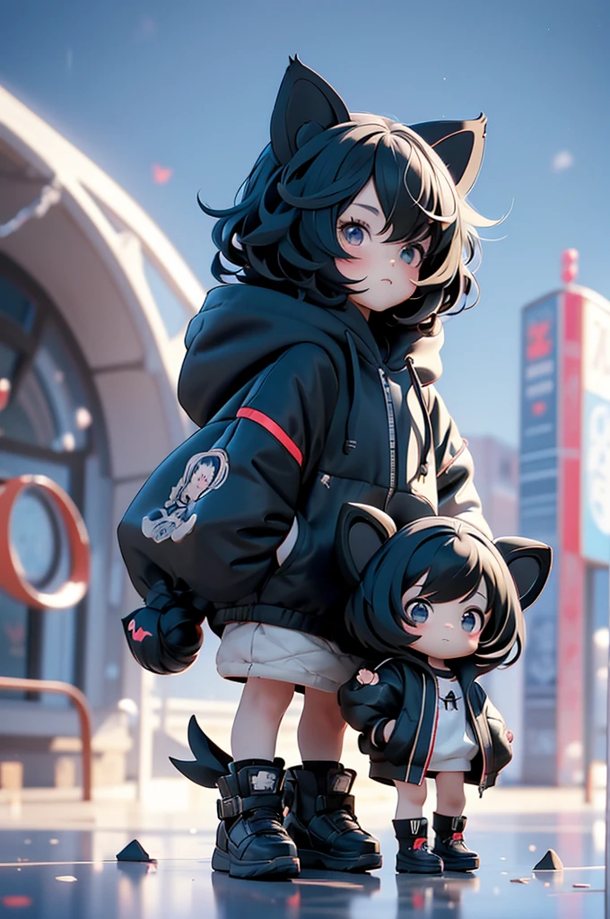 chibi,，Anime man with black hair and black cat ears wearing a black hoodie, Brunette boy in hoodie, Anime cute art style, Single character full body, anime style character, Cute boy anime visual, Anime full body illustration, High-quality anime art style, Style Anime, Anime Characters, guweiz style artwork, He wears streetwear, Lovely characters