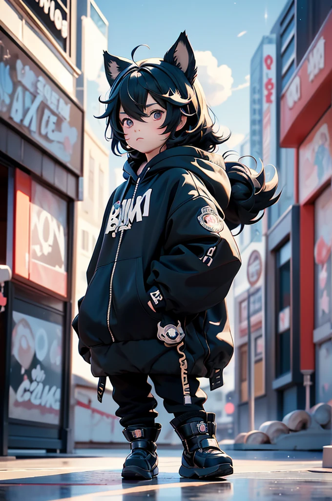 chibi,，Anime man with black hair and black cat ears wearing a black hoodie, Brunette boy in hoodie, Anime cute art style, Single character full body, anime style character, Cute boy anime visual, Anime full body illustration, High-quality anime art style, Style Anime, Anime Characters, guweiz style artwork, He wears streetwear, Lovely characters