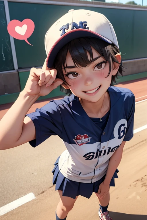 1girl,Baseball club manager,Naked with a baseball cap,Sneakers naked,Primary school students,Teenage,Ground,Highest quality,smile,Short Hair,Sweaty,NSFW,Kupaa,Small breasts,Exhibitionism,Heart speech bubble,Standing,Angle from below