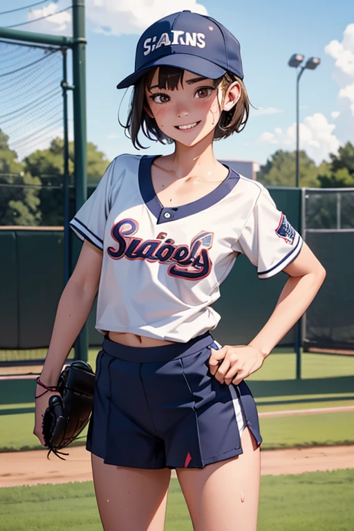 1girl,Baseball club manager,Naked with a baseball cap,Sneakers naked,Primary school students,Teenage,Ground,Highest quality,smile,Short Hair,Sweaty,NSFW,Kupaa,Small breasts,Exhibitionism,Heart speech bubble,Standing,Angle from below