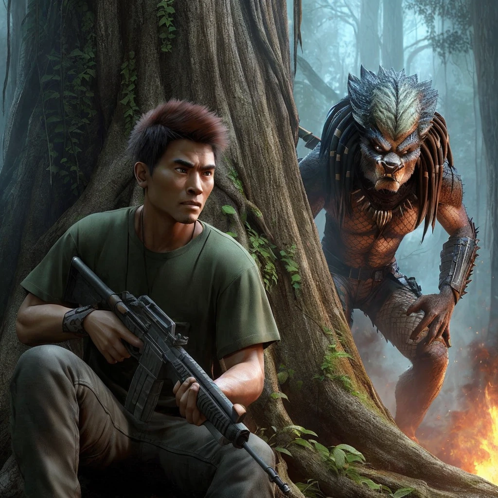 3d hyper realistic ,Sneak behind a big old tree, asian male character ,25 years old, rambut short and spiky, wearing an army green t-shirt, holding (weapon). the background is a Predator in a dark foggy forest with fire and smoke. (art style), hyper realistic, Ultra detailed, UHD, 4k