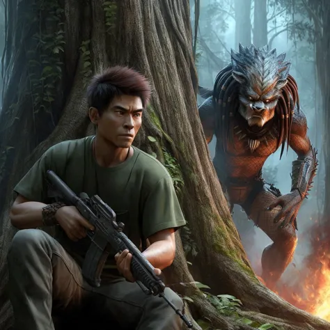 3d hyper realistic ,Sneak behind a big old tree, asian male character ,25 years old, rambut short and spiky, wearing an army gre...
