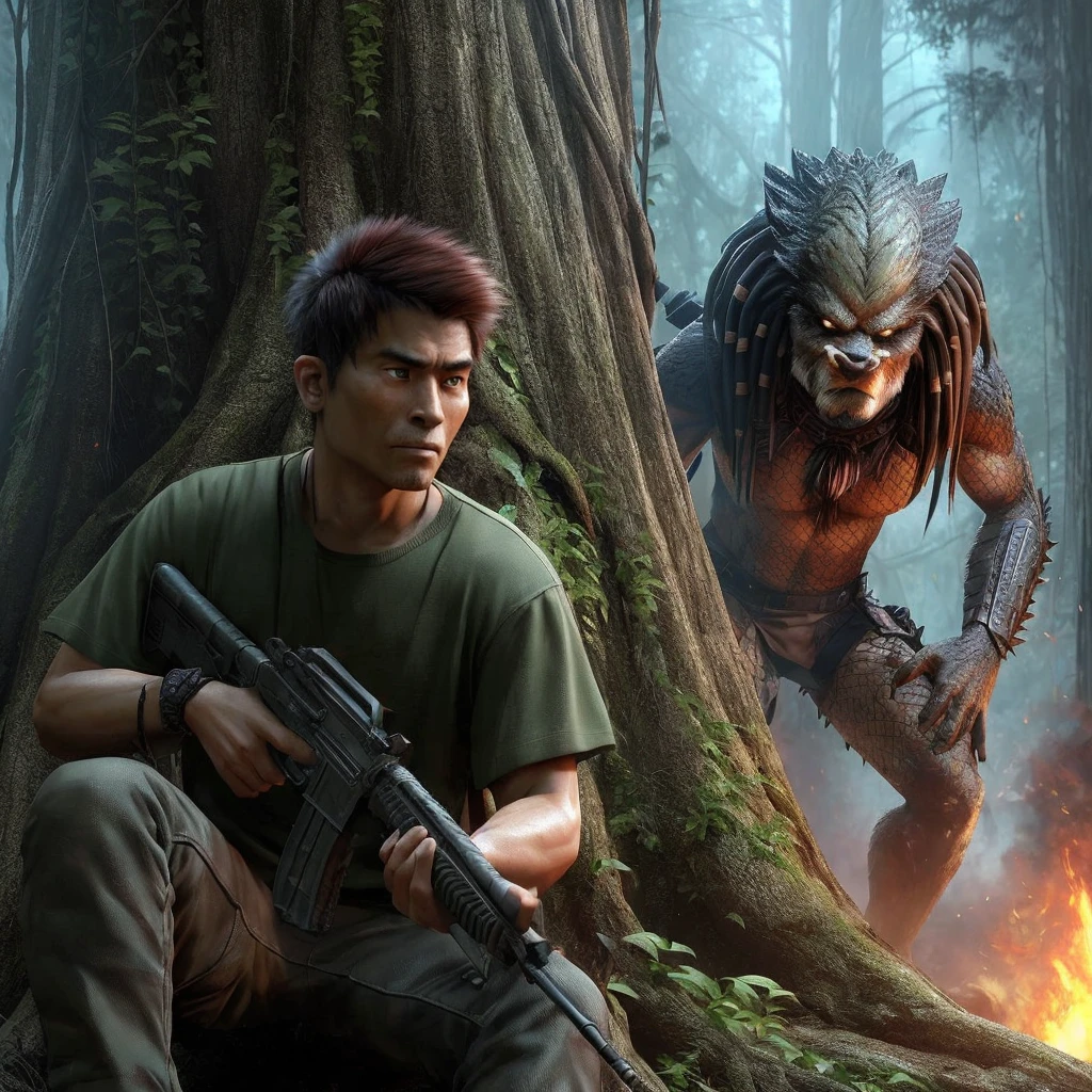 3d hyper realistic ,Sneak behind a big old tree, asian male character ,25 years old, rambut short and spiky, wearing an army green t-shirt, holding (weapon). the background is a Predator in a dark foggy forest with fire and smoke. (art style), hyper realistic, Ultra detailed, UHD, 4k