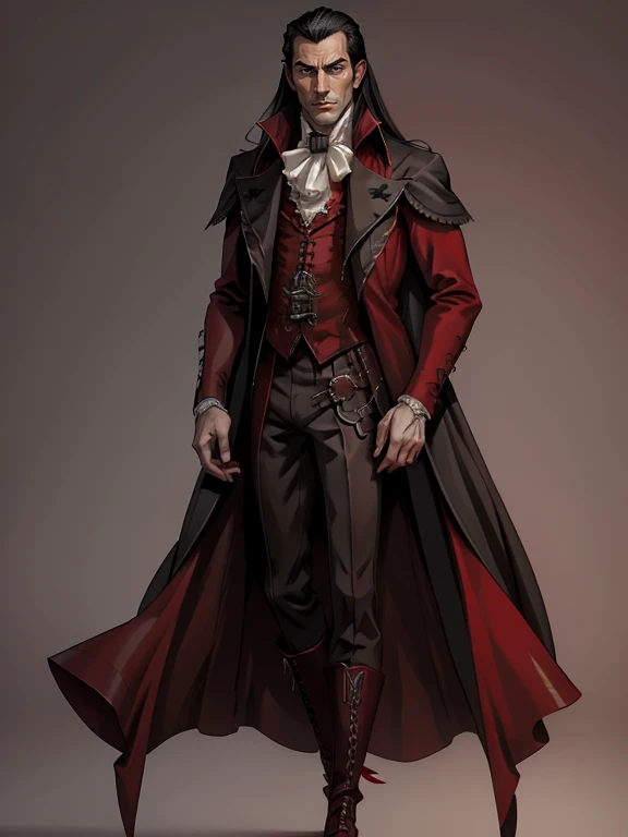 strahd von zarovich, vampiro, pelo largo, enfoque masculino, retrato de cuerpo completo, widow's peak, frente, abrigo steampunk, camisa roja de cuello alto, cuello alto, capa interna roja, pantalones, solo, fondo en blanco, Fondo blanco, arte de fantasía gótica, botas altas con cordones, ojos rojos