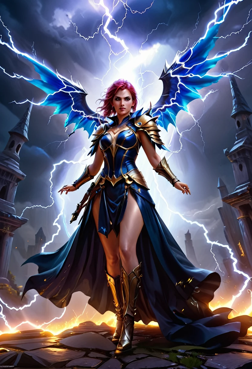 arafed high details, best quality, 16k, [ultra detailed], masterpiece, best quality, (extremely detailed), dynamic angle, ultra wide shot, photorealistic, RAW, fantasy art, dnd art, fantasy art, realistic art, a wide angle picture of a female aasimar sorceress casting a lightning spell, full body  (intense details, Masterpiece, best quality), D&D aasimar, extremely beautiful female aasimar, ((full body shot: 1.5)), ((anatomically correct: 1.5)) (ultra detailed face: 1.4), dynamic skin complexion, dynamic hair style, dynamic hair color, spread angelic wings, white angelic wings (intense details, Masterpiece, best quality),  wearing (black: 1.2) robe, wearing blue cloak, long cloak, flowing cloak with lightning motifs (intense details, Masterpiece, best quality), armed with magical staff (intense details, Masterpiece, best quality), manipulating lightning magical energy (intense details, Masterpiece, best quality), controlling lightning, dark fantasy magical tower background, evil temple background (intense details, Masterpiece, best quality), rpg portrait, LightningMagicAI, feathered wings
