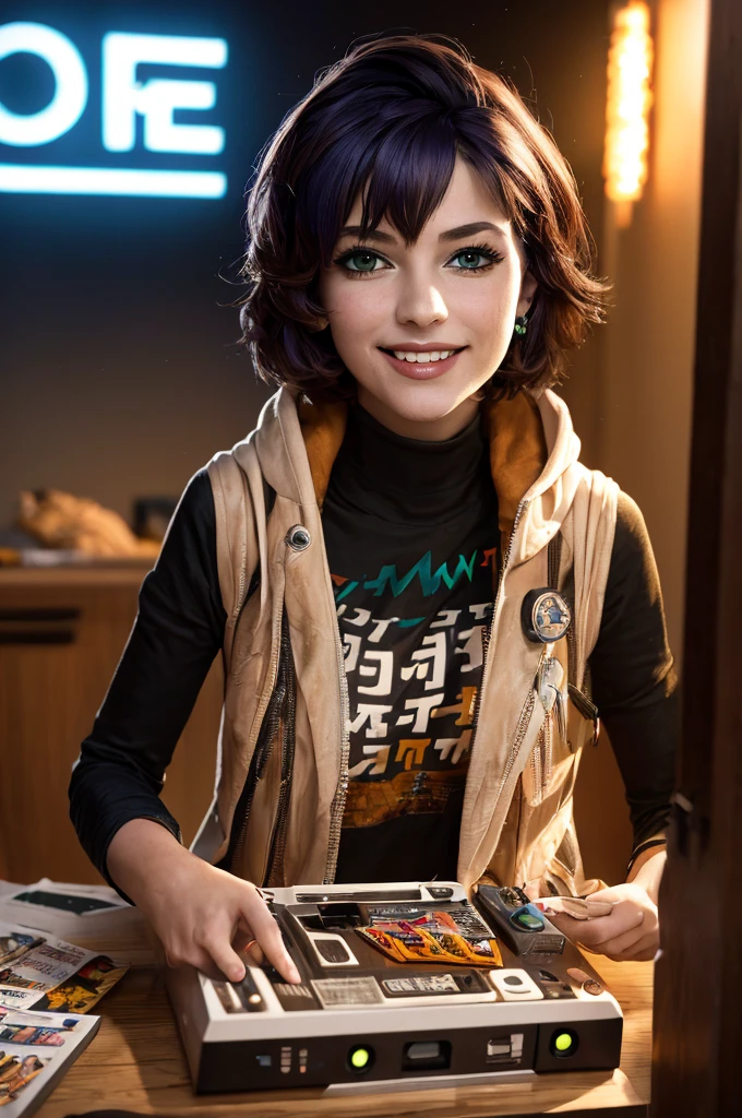 A young girl in realistic portrait of high quality and detail, vhs movie style, younger face, (dark blue hair, short hair:1.3), realistic eyes, green eyes, pale skin, She is wearing a hoodie and sleeveless, Belle (Zenless Zone Zero), happy face, glow, eye shadow, 1girl, Depth & Perspective, smiling on her face, fine face, she is standing in the video rental salon, a showcase with VHS tapes in the background, indoors, neon light from windows, looking at viewer, (ultra-high detail:1.2), Masterpiece, Best Quality, Ultra-detailed, Cinematic lighting, 8K, delicate features, cinematic, highlight lighting, cinematic, Cinematic lighting, 8K, high quality, Highest Quality, (Solo Focus), (extremly intricate:1.3), (Realistic), masterful, Analog style, (Film grain:1.5), (warm hue, cold tone), 