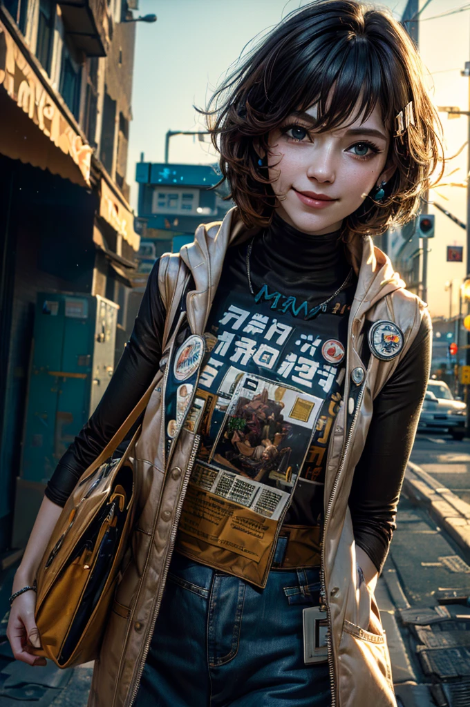 A young girl in realistic portrait of high quality and detail, vhs movie style, younger face, (dark blue hair, short hair:1.3), realistic eyes, green eyes, pale skin, She is wearing a hoodie and sleeveless, Belle (Zenless Zone Zero), happy face, glow, eye shadow, 1girl, Depth & Perspective, smiling on her face, fine face, she is standing in the video rental salon, a showcase with VHS tapes in the background, indoors, neon light from windows, looking at viewer, (ultra-high detail:1.2), Masterpiece, Best Quality, Ultra-detailed, Cinematic lighting, 8K, delicate features, cinematic, highlight lighting, cinematic, Cinematic lighting, 8K, high quality, Highest Quality, (Solo Focus), (extremly intricate:1.3), (Realistic), masterful, Analog style, (Film grain:1.5), (warm hue, cold tone), 