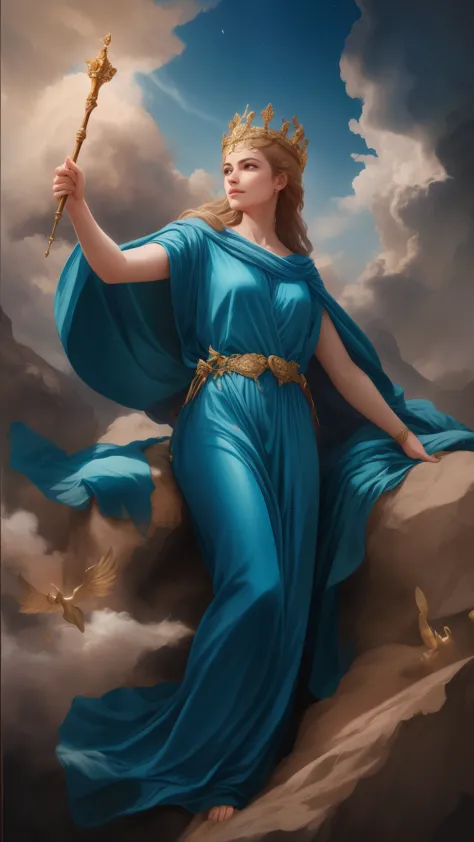 a majestic and captivating work of art depicting an ancient greek goddess. she is adorned in a flowing tyrian blue robe, with a ...