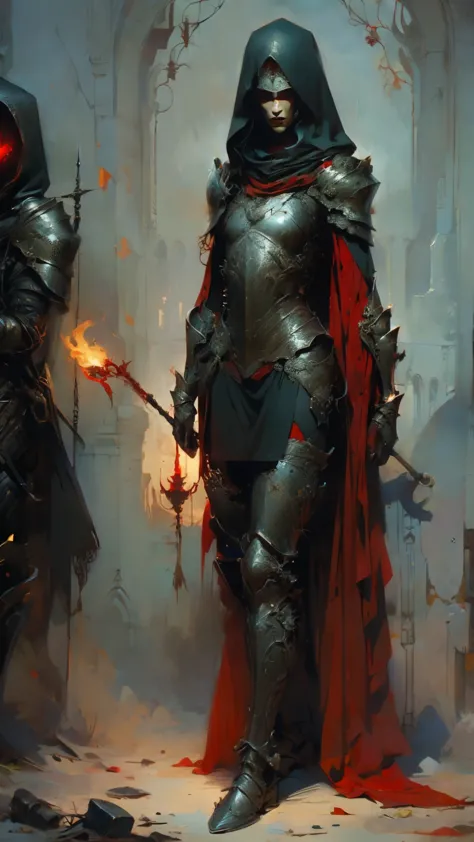 intricate detail, heavy armor, full plate mail, red half cape and hood