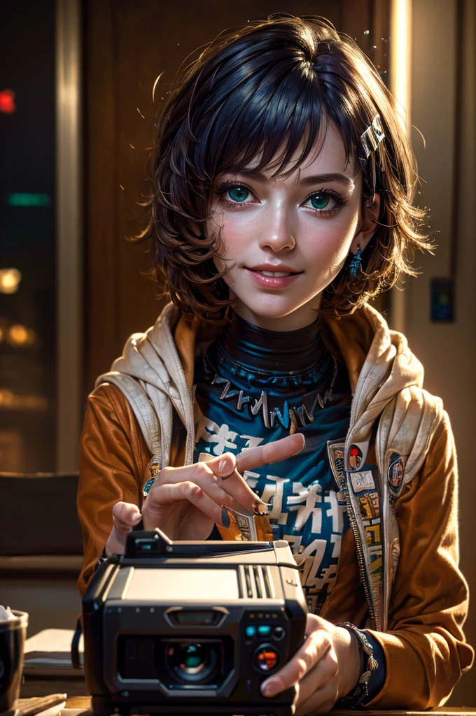 A young girl in realistic portrait of high quality and detail, vhs movie style, younger face, (dark blue hair, short hair:1.3), realistic eyes, green eyes, pale skin, She is wearing a hoodie and sleeveless, Belle (Zenless Zone Zero), happy face, glow, eye shadow, 1girl, Depth & Perspective, smiling on her face, fine face, she is standing in the video rental salon, a showcase with VHS tapes in the background, indoors, neon light from windows, looking at viewer, (ultra-high detail:1.2), Masterpiece, Best Quality, Ultra-detailed, Cinematic lighting, 8K, delicate features, cinematic, highlight lighting, cinematic, Cinematic lighting, 8K, high quality, Highest Quality, (Solo Focus), (extremly intricate:1.3), (Realistic), masterful, Analog style, (Film grain:1.5), (warm hue, cold tone), 