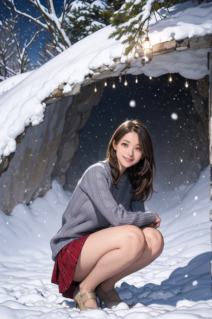 Snow cave in snow country, Sweater and skirt, wonderful, masterpiece, At night, Cute girl smiling, Crouching down, looking straight ahead