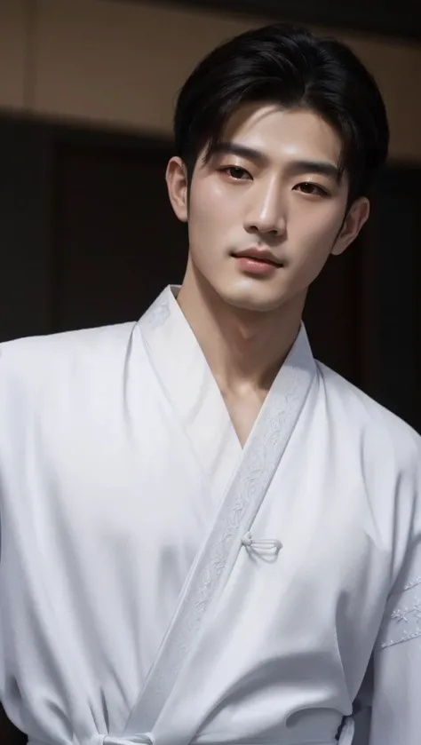 alafid man in white kimono standing at the door, inspired by zhang han, white hanfu, wear simple robes, inspired by guan daoshen...