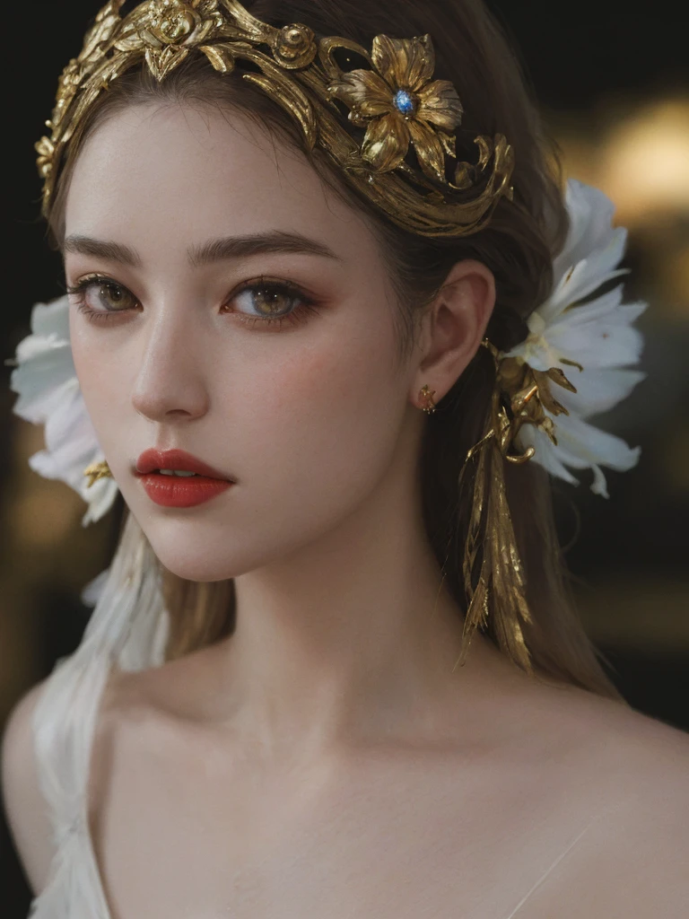 1girl, beautiful detailed eyes, beautiful detailed lips, extremely detailed face, long eyelashes, detailed dress, holding lily flower, side view, (best quality,4k,8k,highres,masterpiece:1.2),ultra-detailed,(realistic,photorealistic,photo-realistic:1.37),studio lighting,ultra-fine painting,sharp focus,physically-based rendering,extreme detail description,professional,vivid colors,bokeh,cinematic lighting,chiaroscuro,dramatic lighting,dramatic shadows