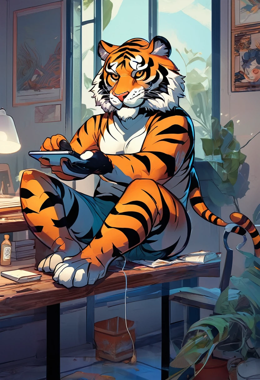 A cartoon tiger mascot is sitting next to a mobile phone on the table, Tony the Tiger, digital comic, Inspired by Nevercrew, jc leyendecker and sachin teng, author：Android Jones, Anthropomorphic tiger, Fertility illustration, By Tyler Edlin (Tyler Edlin) of inspiration, digital screenshot, Sachten&#39;s Style, Cartoon aesthetics