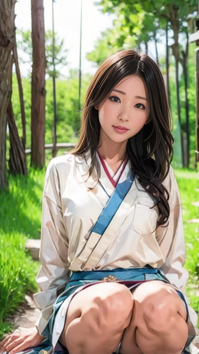 Há uma mulher ajoelhada no caminho da floresta, portrait of a japonês teen, of a youthful japonês girl, jovem asiática, wearing japonês , japonês girl , garota linda, Sente-se no chão, portrait of a japonês girl, Sentado na floresta, japonês , Faz uma pose, jovem mulher asiática