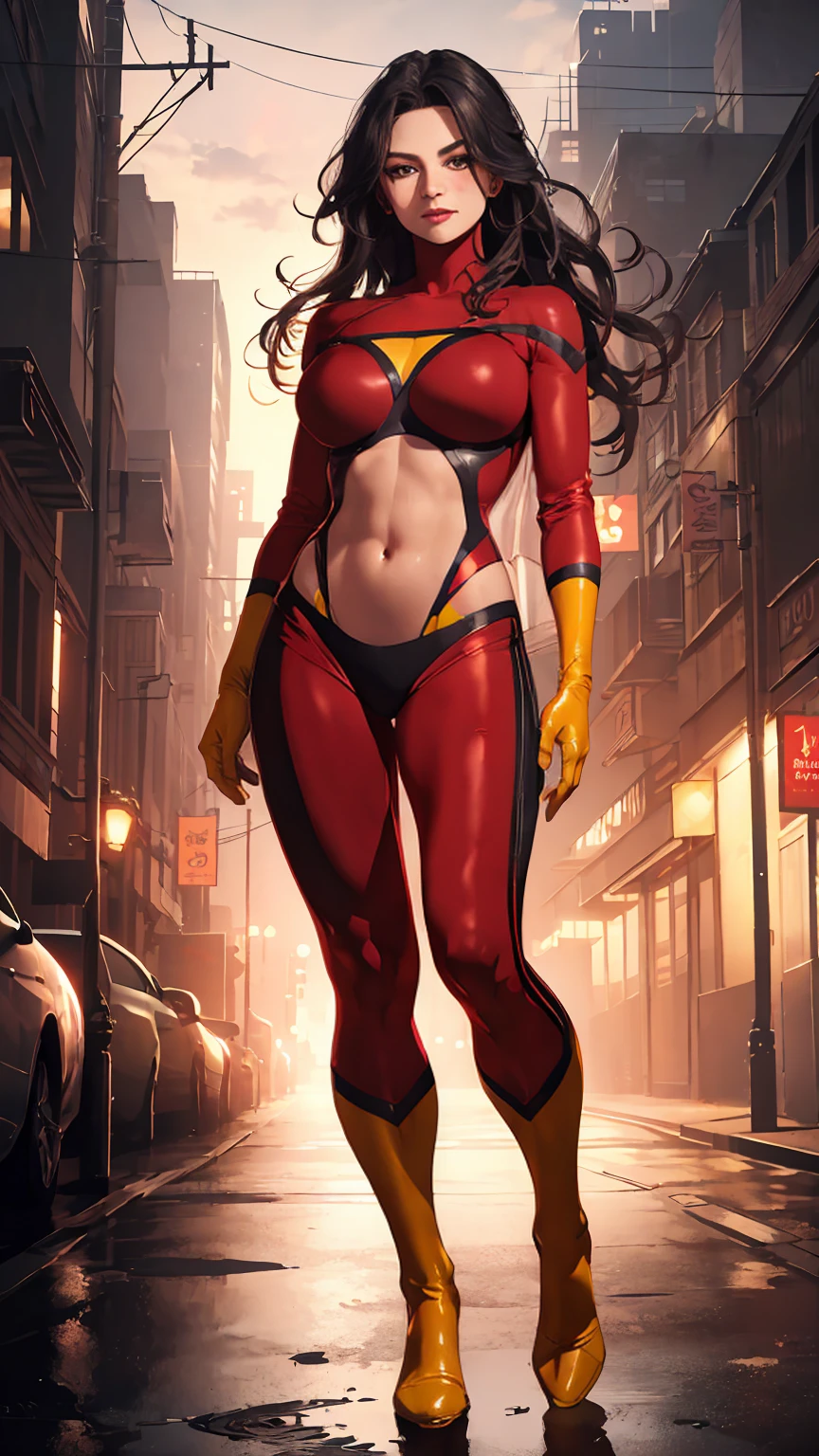 (((full body photo)))  (Highly quality, masterpiece, detailed), Night city detailed scenario, Night city detailed background, 20 years old girl, smirk, Jessica_Drew_aiwaifu, long hair, black hair, large breasts, lips, lipstick, gloves, red shirt, red pants, yellow gloves, Leather clothes, yellow shirt, yellow pants, thighs, crop top, glaring at the viewer, Abdomen, Navel, beautiful eyes, perfect eyes, looking at the viewer, Sexy pose