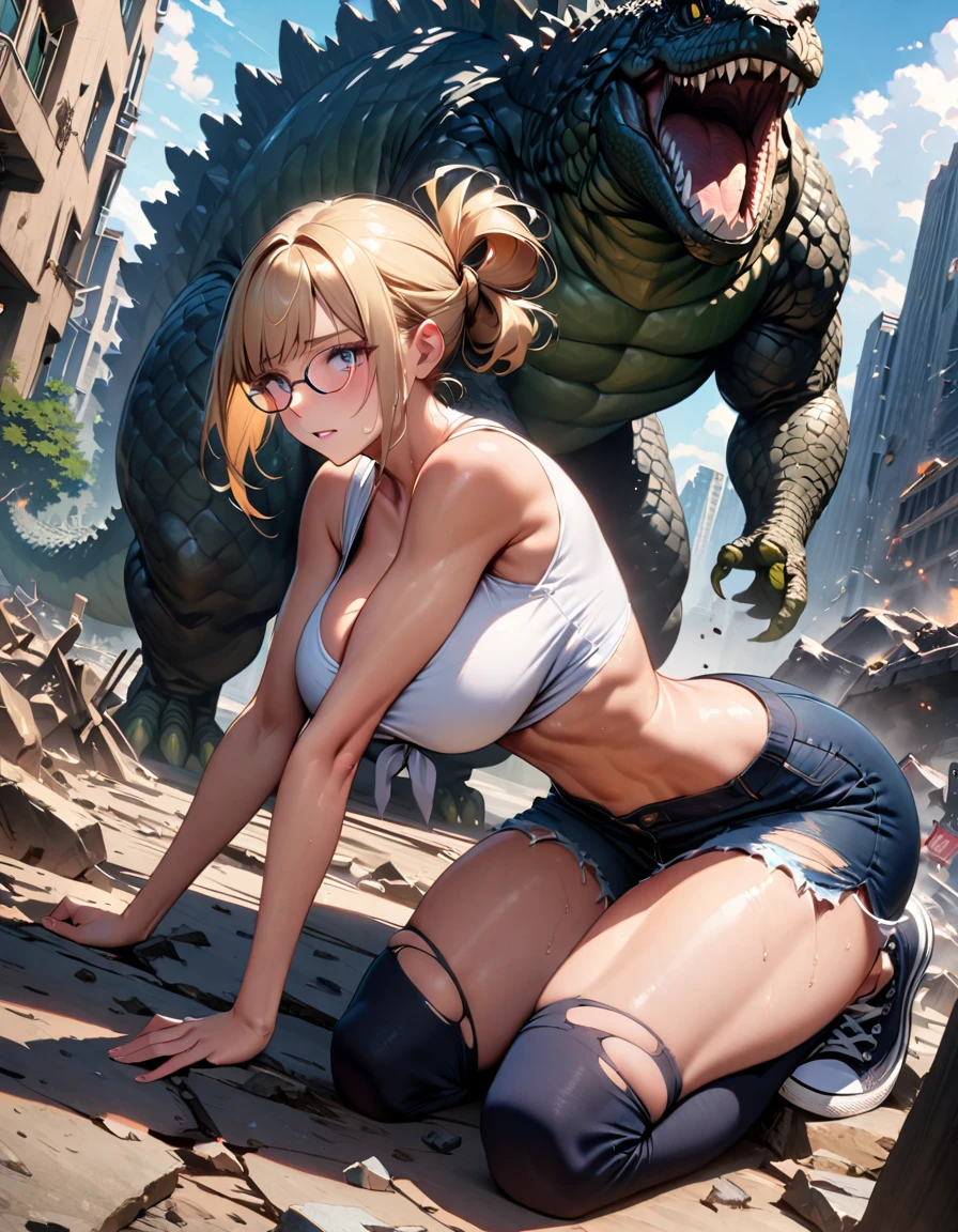 Destroyed city, anime character, 1girl, solo, solo focus, (blonde hair, tied up hairstyle), (laying down on rubble debris), (wearing torn white shirt), (midriff ), (wearing tight torn shorts), (wearing glasses), ( big buttocks:1.5) modern art, hair covering eyes, (Wearing converse sneakers), (Godzilla in the distant background destroying the city) ,beautiful face, beautiful eyes, (grey eyes), scared , Trembling ,vibrant colors, day, highest quality digital art, Stunning art, wallpaper 4k, 8k, 19 years old, (large breasts:1.4), triple D cup breasts, round buttocks, cleavage, bubbly buttocks, wide hips, bubbly ass, fit and strong, slender body, HD, unparalleled masterpiece, best quality, full body, dynamic lighting, cinematic, epic, cowboy shot, full body with costume.