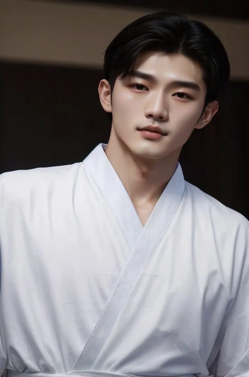 Man wearing white round neck T-shirt standing on basketball court, Inspired by Zhang Han, Wearing simple denim pants, inspired by Guan Daosheng, Wearing a white robe, cai xukun, Kim Do-young,  Korean male, 