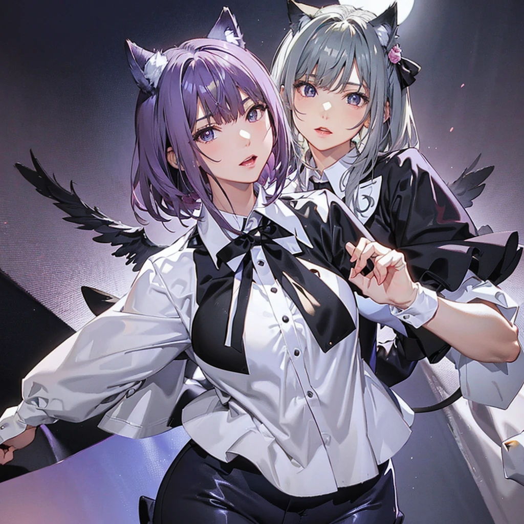 Anime girl with a cat and the moon in the background,Gray Hair,Cat ear,Purple Eyes,Angel Wings, anime art wallpaper 8k, anime style 4k, anime art wallpaper 4k, anime art wallpaper 4k, beautiful anime cat girl, very beautiful anime cat girl, Beeple and Jeremiah Ketner, fantasy art style, 4k anime wallpaper, anime wallpaper 4k, anime wallpaper 4k, 4K detailed digital art