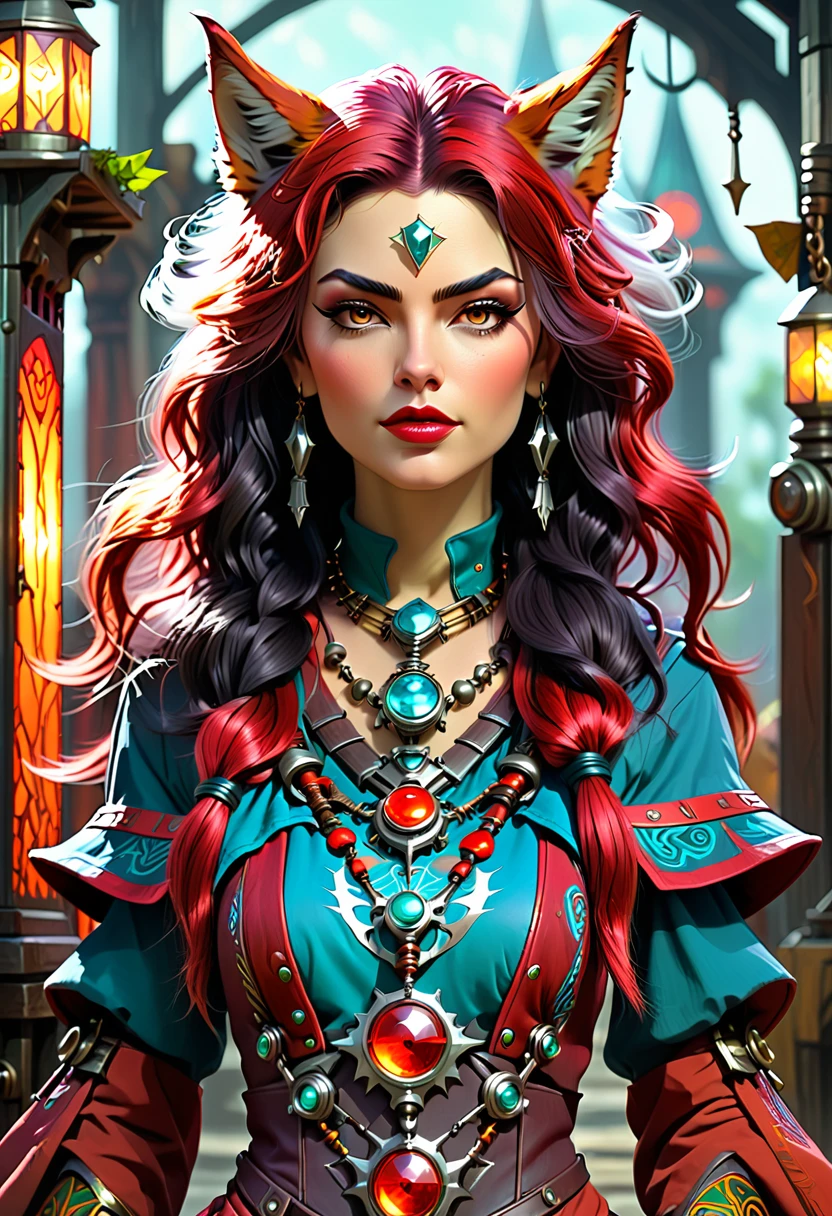 Ava Red, the Wizard of Magical Colors, mechanical priestess, Honky Tonk Girl, wolves, symmetrical face, character concept art, character sheet, Peter Mohrbacher, unreal engine, octane rendered, 8K, dark beauty, trending on artstation