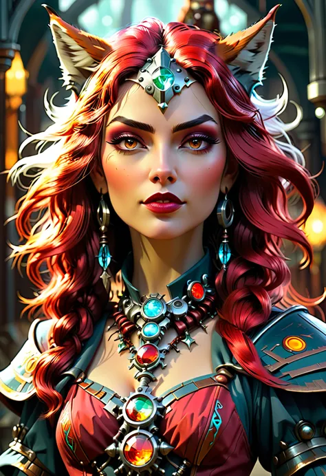 ava red, the wizard of magical colors, mechanical priestess, honky tonk girl, wolves, symmetrical face, character concept art, c...