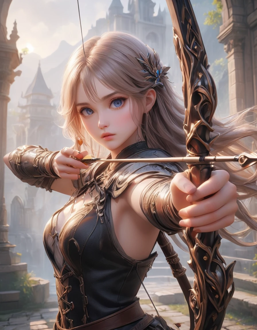 Female archer shooting a bow, aim, longbow , 用弓aim, Delicate expression, Perfect hands(Five fingers), Beautiful hair, Shiny hair, Beautiful Skin, Detailed face and eyes, Glossy lips, medieval fantasy, dramaticな照明, Thin Film Component, dramaticなポーズ, Medieval Armor, Intricate details, Theatrical atmosphere, Mood lighting, An epic fantasy, Very detailed, Movie, dramatic, powerful, Strong, (best quality:1.2, Very detailed, up-to-date, Energetic, Ultra-high resolution, High contrast, masterpiece:1.2, best quality, Best aesthetics),