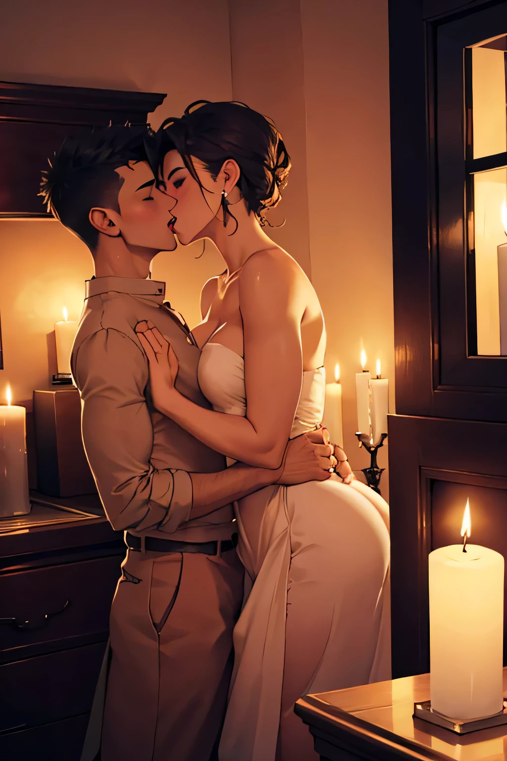 Boy and woman, beautiful woman, kissing each other with passion, in a bedroom, bright room, candles lit, night time,