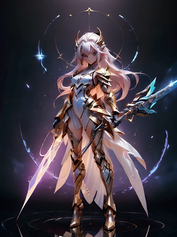 Design a layout showcase Gaming character, (1girl). Golden+Purle clothes, stylish and unique, ((showcase weapon:1.4)), magic staff, (masterpiece:1.2), (best quality), 4k, ultra-detailed, (Step by step design, layout art:1.5), (luminous lighting, atmospheric lighting), magican, ((glove full hands)), (((revealing clothes:1.3))), vambraces, armored legwear, (((full_body_shot:1.4)))
