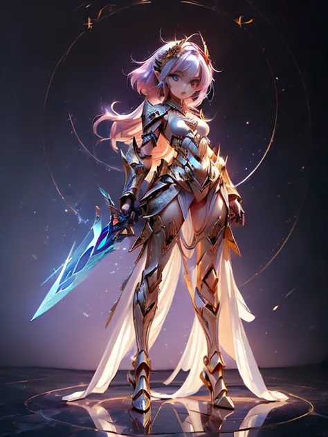Design a layout showcase Gaming character, (1girl). Golden+Purle clothes, stylish and unique, ((showcase weapon:1.4)), magic sta...