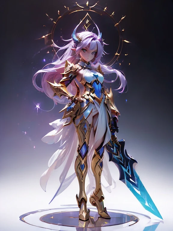 Design a layout showcase Gaming character, (1girl). Golden+Purle clothes, stylish and unique, ((showcase weapon:1.4)), magic staff, (masterpiece:1.2), (best quality), 4k, ultra-detailed, (Step by step design, layout art:1.5), (luminous lighting, atmospheric lighting), magican, ((glove full hands)), (((revealing clothes:1.3))), vambraces, armored legwear, (((full_body_shot:1.4)))
