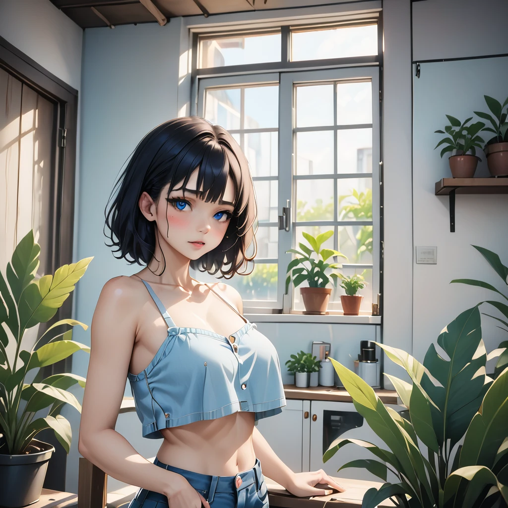 

"Create an AI-generated image of a young woman with short black hair and striking blue eyes. She is wearing a white crop top and an open blue denim shirt, which reveals her toned midriff. The setting is indoors, with natural light coming from a window in the background. There are some plants and modern decor elements visible. The style should be highly detailed, with a focus on the character's expressive features and casual yet stylish outfit."

 