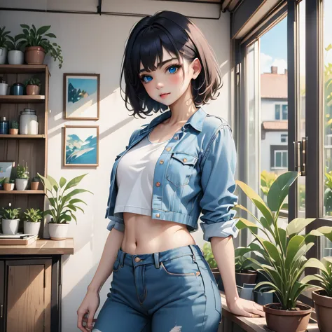 "create an ai-generated image of a young woman with short black hair and striking blue eyes. she is wearing a white crop top and...