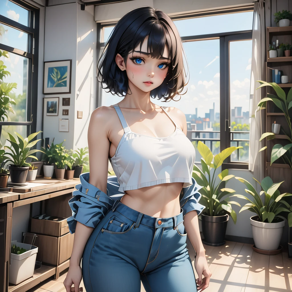 

"Create an AI-generated image of a young woman with short black hair and striking blue eyes. She is wearing a white crop top and an open blue denim shirt, which reveals her toned midriff. The setting is indoors, with natural light coming from a window in the background. There are some plants and modern decor elements visible. The style should be highly detailed, with a focus on the character's expressive features and casual yet stylish outfit."

 