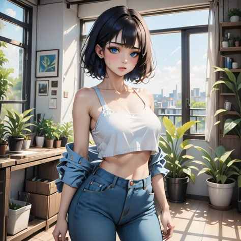 "create an ai-generated image of a young woman with short black hair and striking blue eyes. she is wearing a white crop top and...