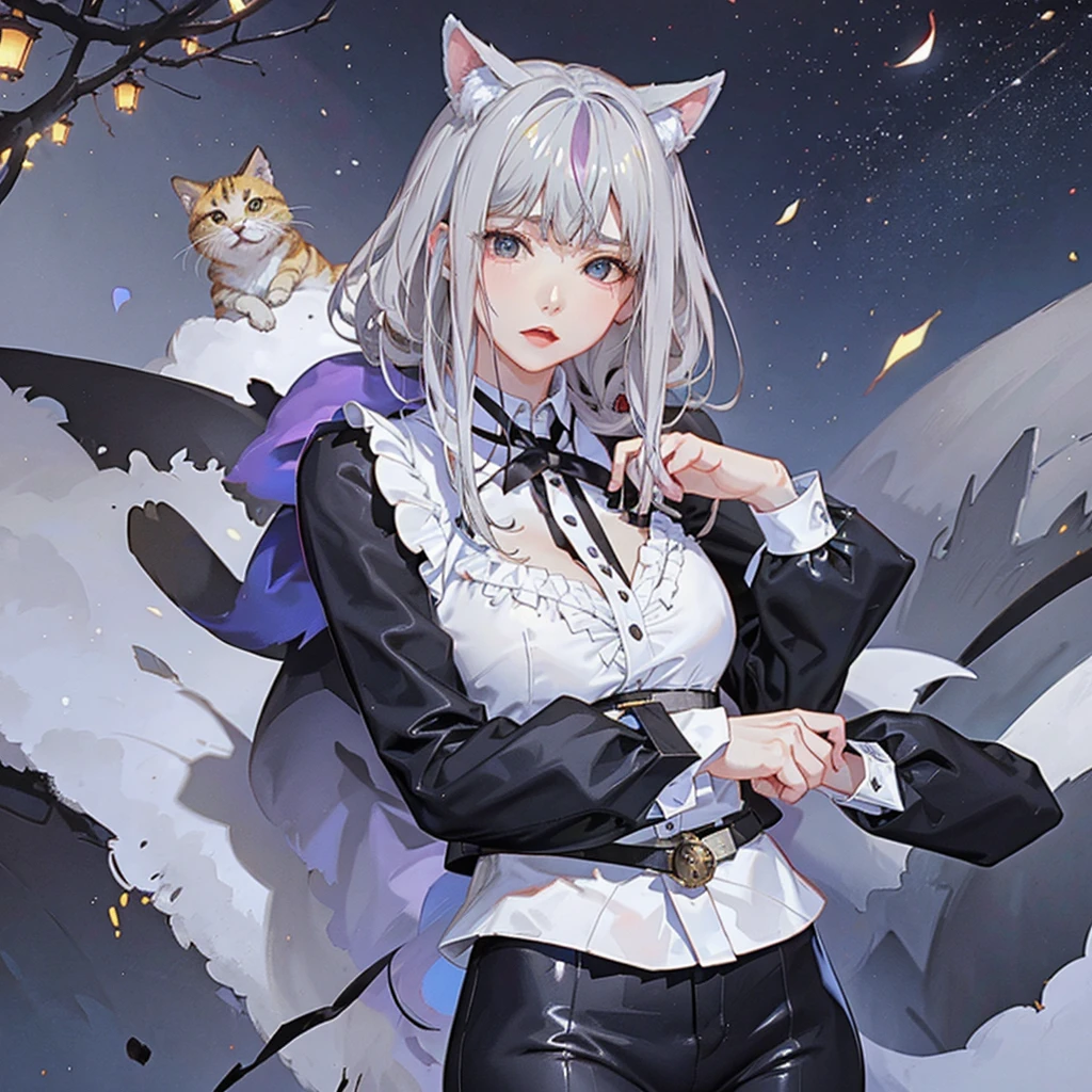 Anime girl with a cat and the moon in the background, anime art wallpaper 8k, anime style 4k, anime art wallpaper 4k, anime art wallpaper 4k, beautiful anime cat girl, very beautiful anime cat girl, Beeple and Jeremiah Ketner,White hair, fantasy art style, 4k anime wallpaper, anime wallpaper 4k, anime wallpaper 4k, 4K detailed digital art