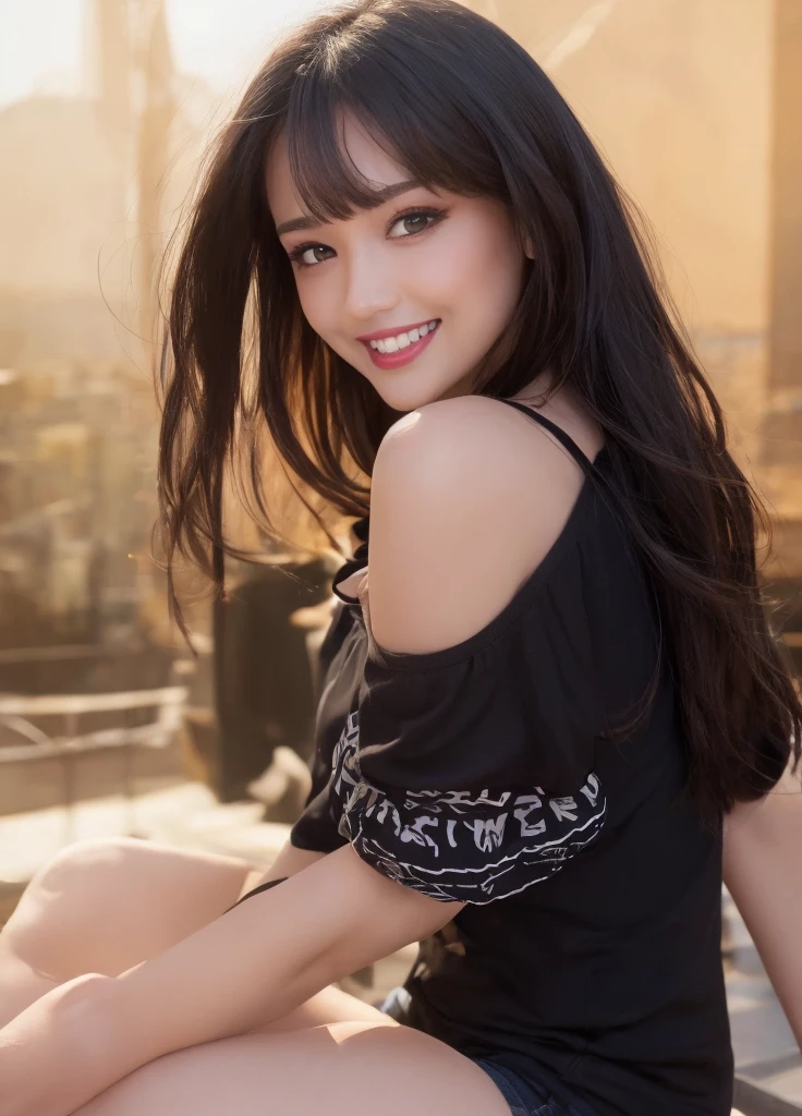 masutepiece, Best Quality, Illustration, Ultra-detailed, finely detail, hight resolution, 8K Wallpaper, Perfect dynamic composition, Beautiful detailed eyes, Off-shoulder t shirt and mini shorts,Bob Hair, mid-chest, Natural Color Lip, Random and sexy poses,Smile,20 years girl　Colossal 、nightclub、