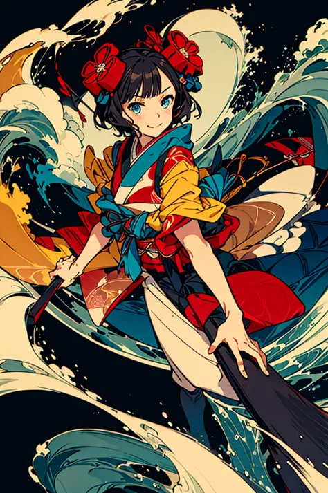 hokusai, masterpiece, super high quality, ( Highly detailed original illustration), , ((Hana Sakura)(graffiti)), Double exposure...