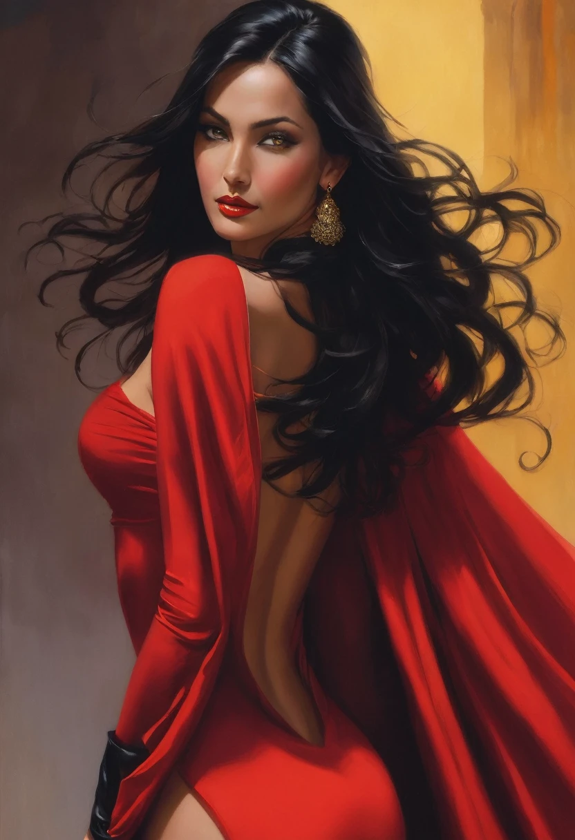 A powerful woman stands tall, her long black hair flowing behind her as she gazes at the viewer with a sultry smile. Her skin-tight bodysuit hugs her curves, accentuating her ample breasts and shapely figure. She wears black elbow gloves and shiny earrings, adding a touch of sophistication to her yellow dress. A red cape drapes over her shoulders, completing her fierce and alluring look