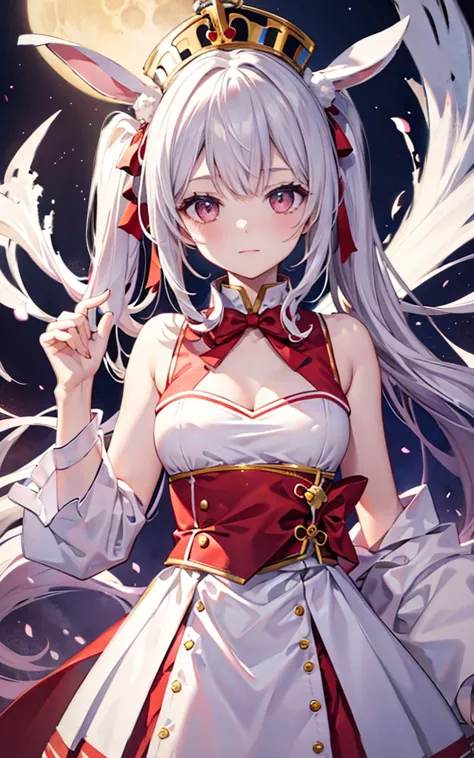 rabbit ears，white twin ponytails，bai changzhi，crown，castle，white pleated dress，red eye，big red gem on chest，there is a red bow o...