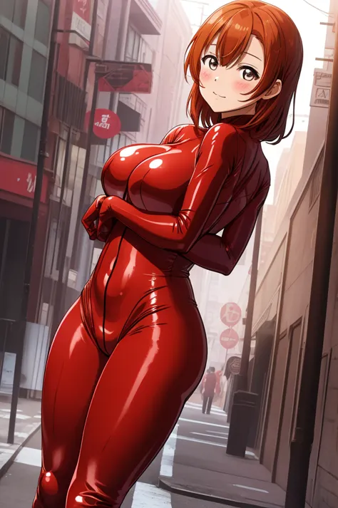 Kousaka honoka, tight , (huge breasts), (red bodysuit:1.2), solo, street,embarrassed, standing, from side