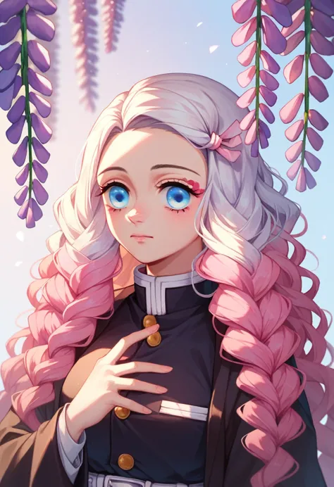 kimetsu no yaiba, girl, pretty, white-haired, pink wavy hair tips, blue eyes, pink shades in hanfu, wisteria.