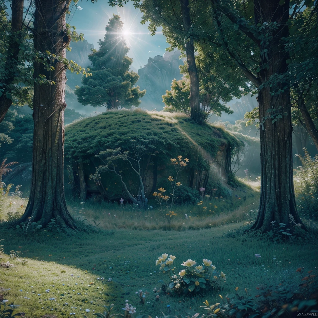 Stunning sci-fi fantasy landscape replete with flora. Wonderous and full of enchanting mysteries. Hyperrealistic, sharp focus, mixed media, dramatic lighting, ultra-detailed, ray-traced, award-winning, light leaks, high contrast, warm colors, color graded, zavy-rmlght, chiaroscuro, fluorescence, artialien