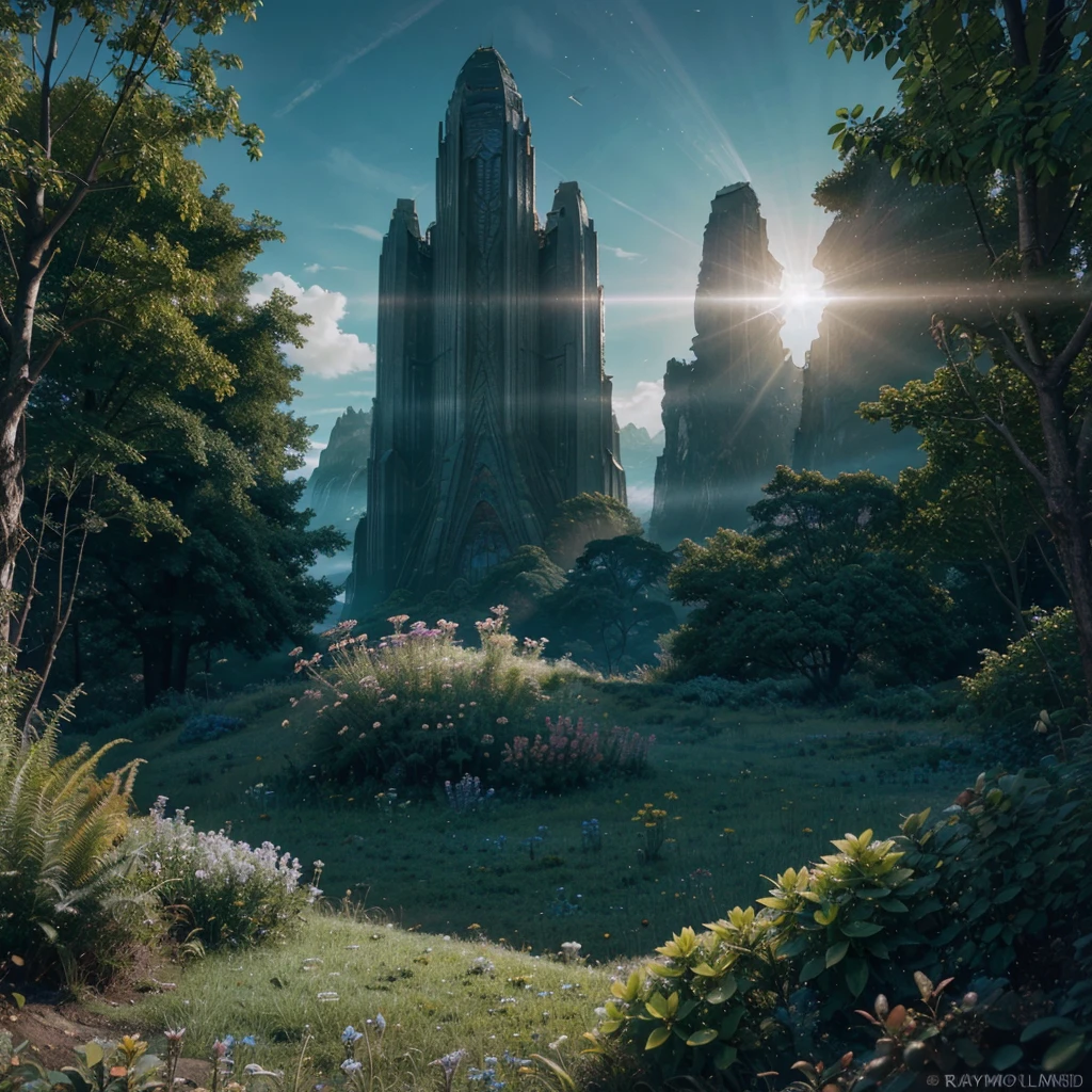 Impresionante paisaje de fantasía de ciencia ficción repleto de flora.. Maravilloso y lleno de misterios encantadores.. Híper realista, enfoque nítido, medios mixtos, iluminación dramática, ultra detallado, trazado de rayos, Premiado, filtraciones de luz, alto contraste, Colores cálidos, Color clasificado, zavy-rmlght, chiaroscuro, FLUORESCENCIA, artesanal