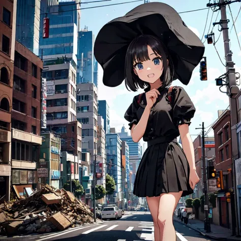 giant girl　female giant　miniature cities　model city　burning and destroyed city　ruins　rubble pile　giant girl standing on the road...