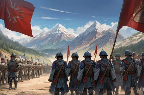 army march, flags in the background, soldiers in heavy armor, cuirassier helmets, overall plan, in detail, high quality, a lot o...