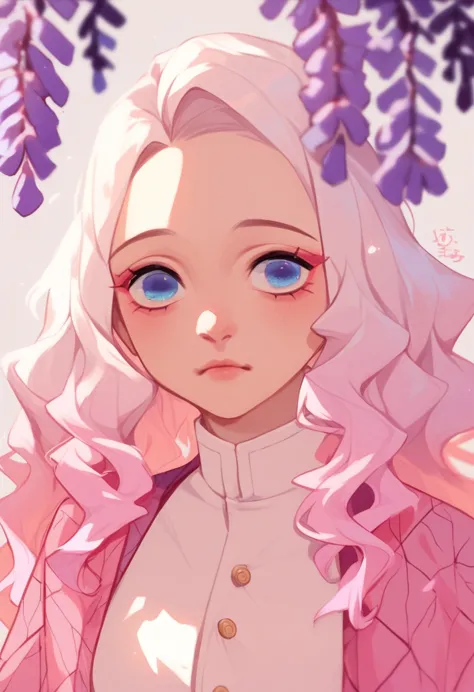 kimetsu no yaiba, girl, pretty, white-haired, pink wavy hair tips, blue eyes, pink shades in hanfu, wisteria.