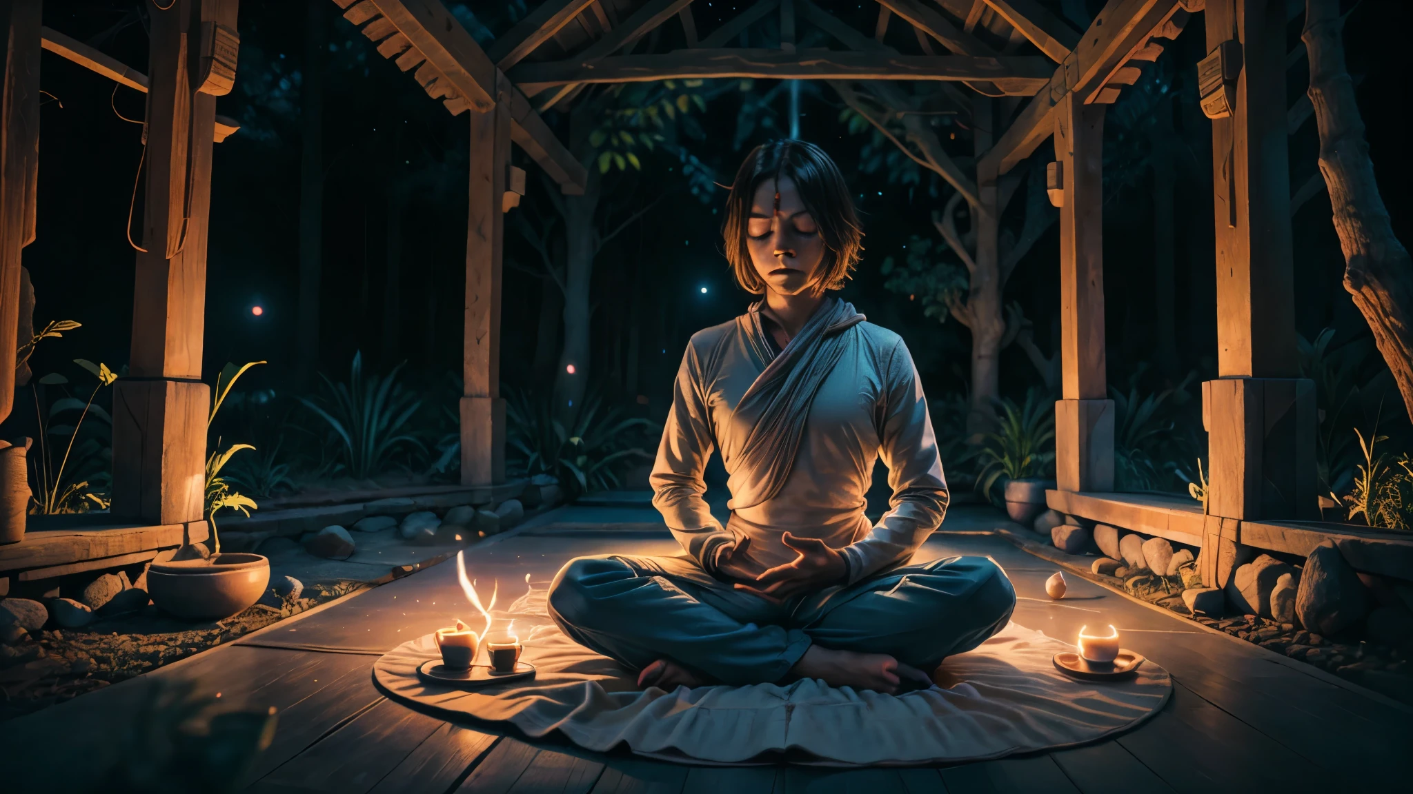 Namaste. Person meditating. The photograph won major awards and was taken with one of the best cameras. Features cinematic lighting, well-defined details, the best quality, 16K, photorrealistic