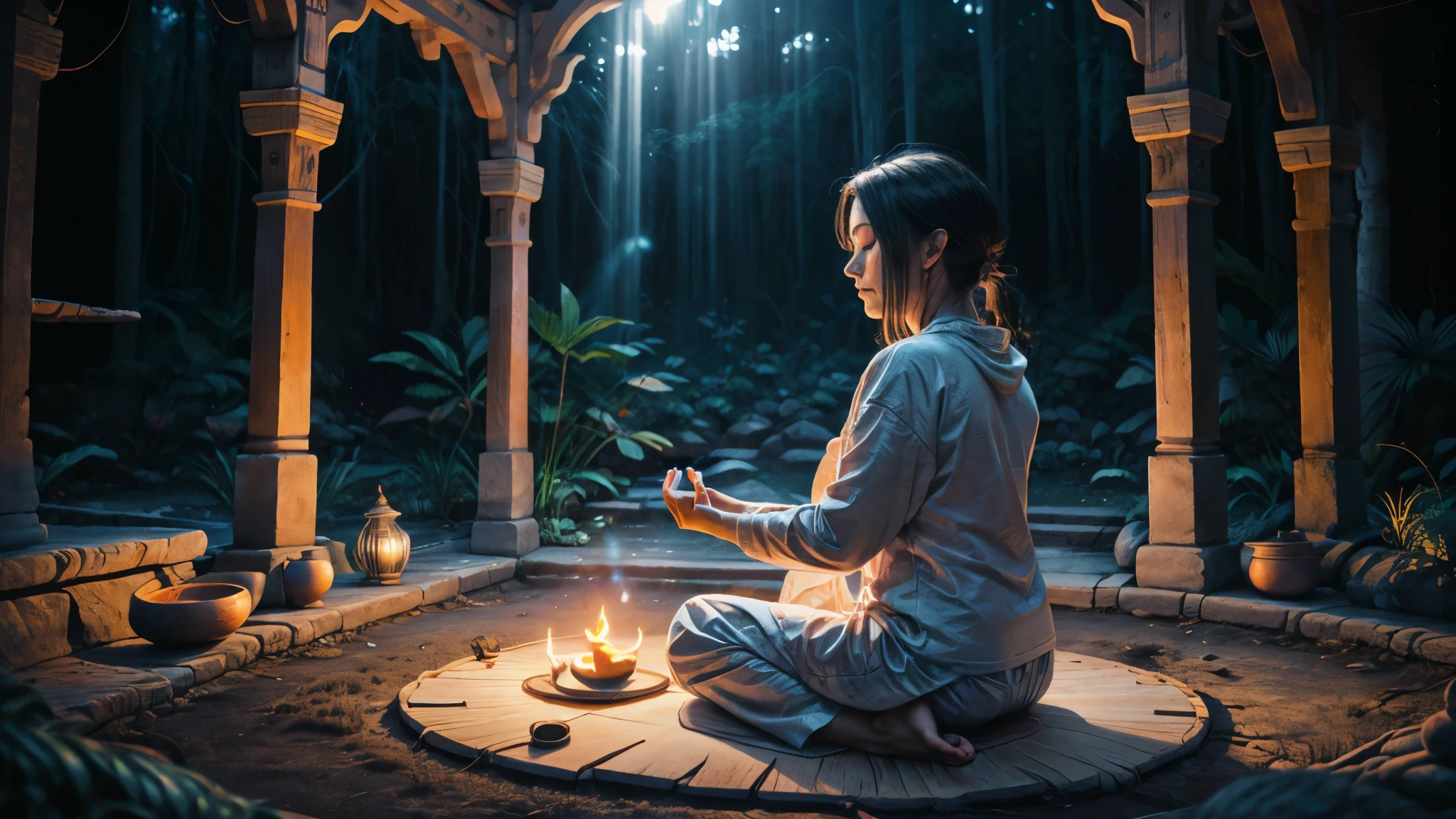 Namaste. Person meditating. The photograph won major awards and was taken with one of the best cameras. Features cinematic lighting, well-defined details, the best quality, 16K, photorrealistic