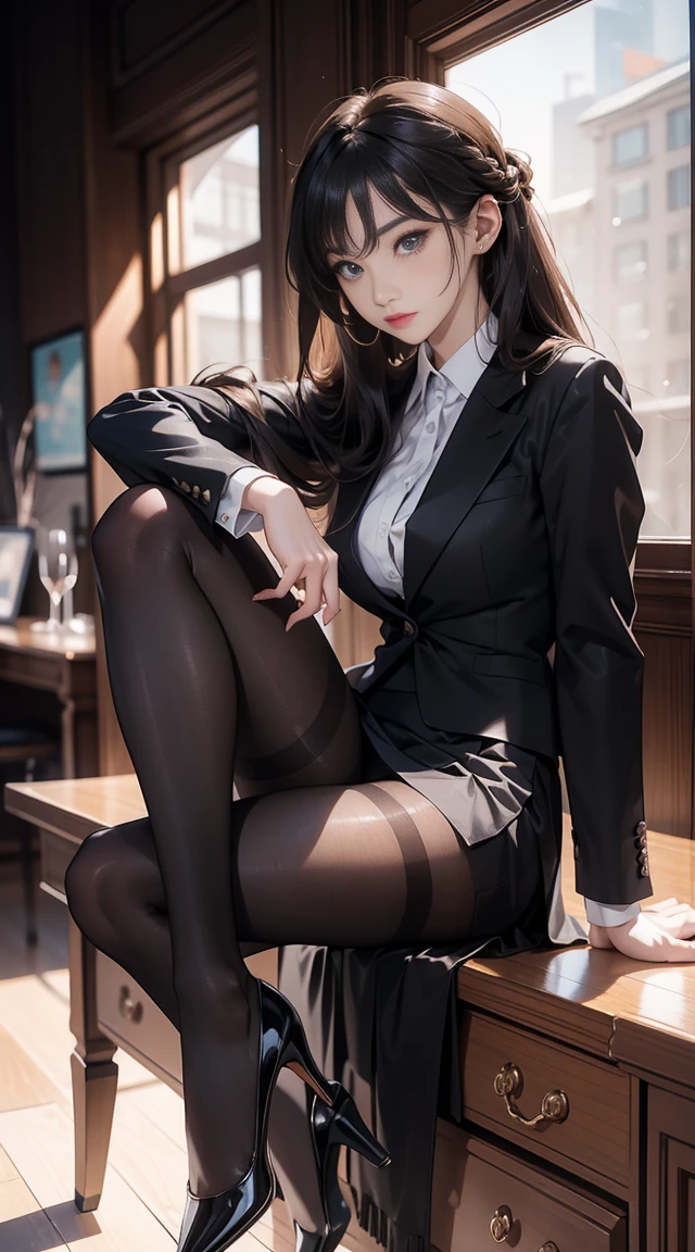 Beautiful kinky woman portrait: Full body portrait, Slim Rest, masterpiece、first class、thin、Beautiful eyes and muscles、((first class))、Skin depression、sit、Spread your legs、No pants、(From below)、High heels、front、Outdoor、(adjusting hair:1.5) OL、black office blazer、Office Skirt、(pantyhose black)、(nsfw:1.2)
